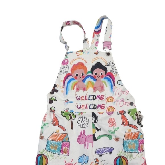 Shein Overalls Womens M Multicolor Kidcore Teacher‎ Doodle All Over Print - Picture 2 of 15